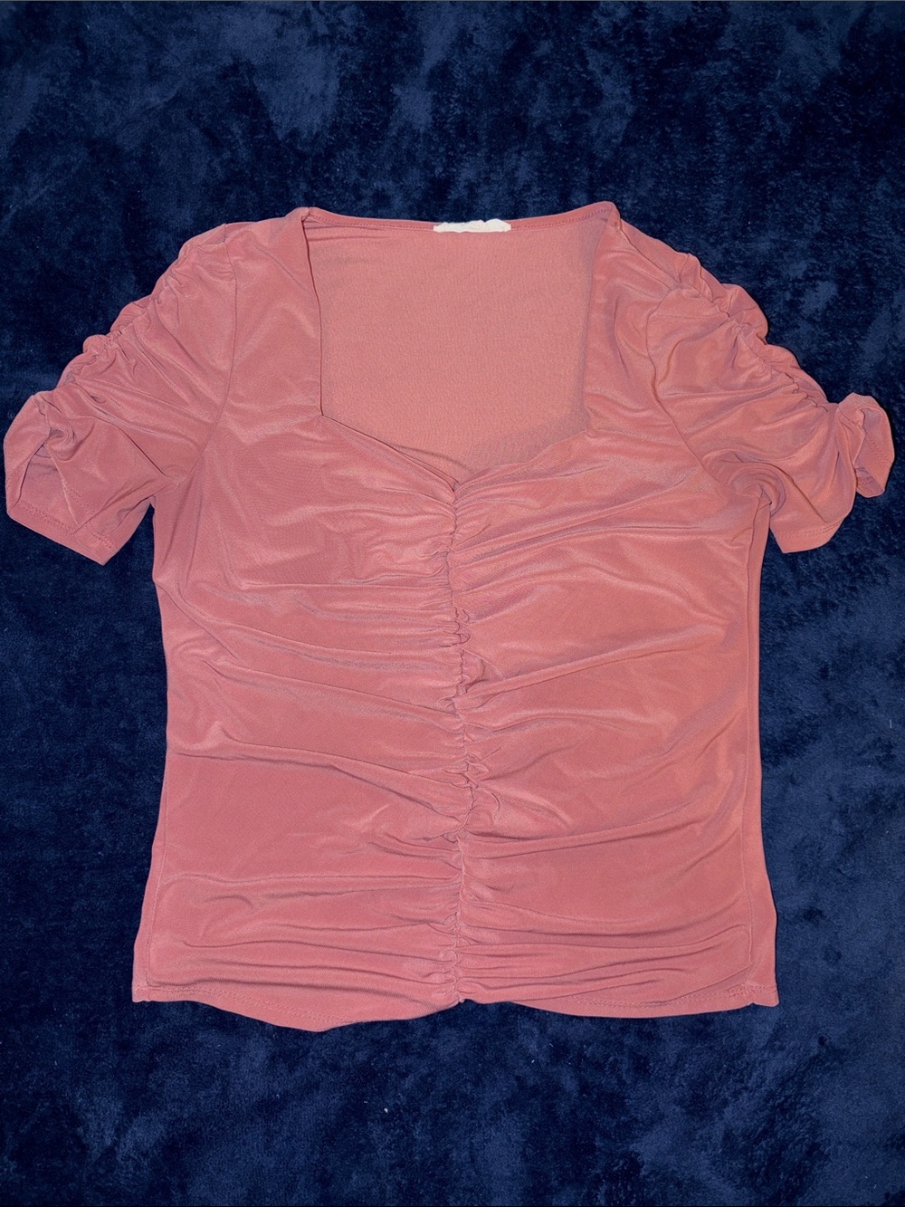 PerSeption Concept Ruched Square-Neck Short Sleeve Top - Dusty Rose
